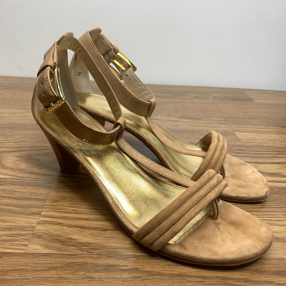 Donald J Pliner T-Strap Heels Women's 9 Tan Suede Leather Sandal Viva Pumps Shoe